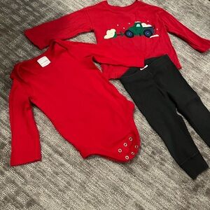 Hannah Andersson outfits black ribbed leggings with red long sleeve shirts